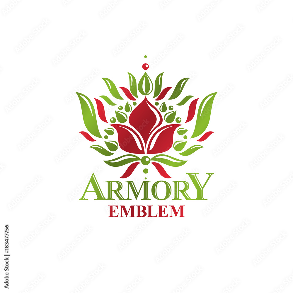 Vintage heraldic vector insignia composed with lily flower royal symbol. Eco friendly product logo, environment protection theme illustration.