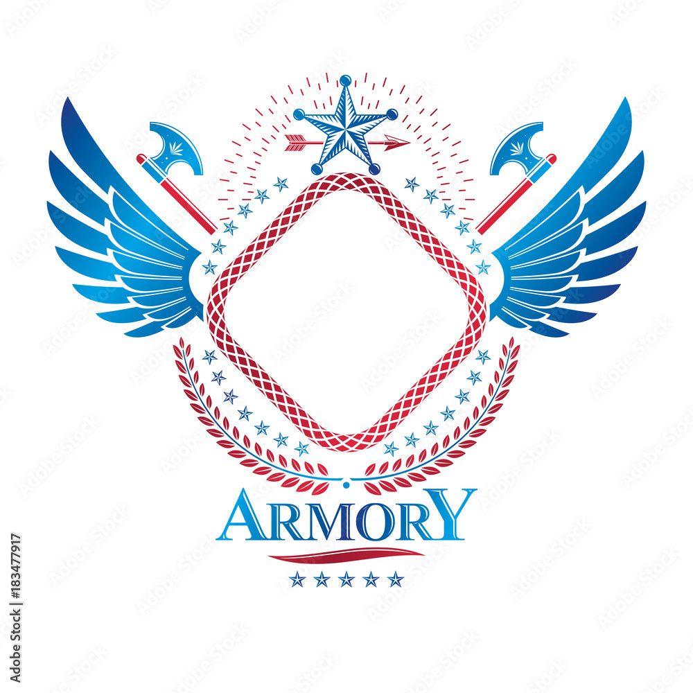 Obraz premium Graphic winged emblem created using pentagonal star, sharp axes and empty copy-space. Heraldic Coat of Arms, vintage vector logo.