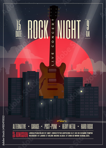 Live Concert Rock Night Poster, Flyer, Banner template for your event, concert, party, show, festival. Vector illustration.