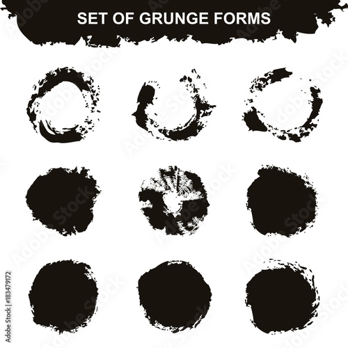 A set of grunge elements. Collection of vector graphics for design. Abstract brushes and stains. Dirty background, frame for text.