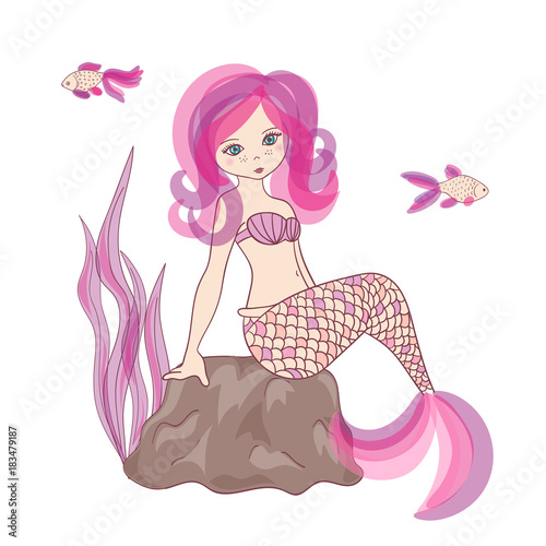 Beautiful cartoon little Mermaid sitting on the rock. Vector illustration.