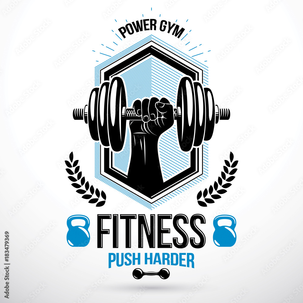 Graphic vector insignia created with strong sportsman biceps arm holding  disc weight dumb bell and with kettle bell sport equipment. Gym  weightlifting and fitness sport club emblem Stock Vector | Adobe Stock