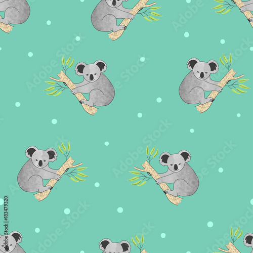 Seamless pattern with cute koala bears. Vector background.