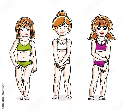 Sweet little girls standing wearing colorful bikini. Vector set of beautiful kids illustrations.