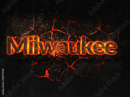Milwaukee Fire text flame burning hot lava explosion background.