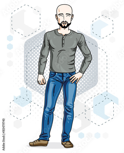 Confident handsome hairless young man standing. Vector illustration of male with beard and whiskers wearing casual clothes, jeans pants.