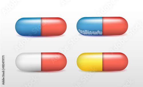 Vector realistic shiny colorful capsules with shadow isolated on white background