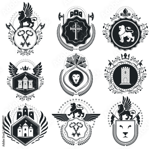 Vintage vector design elements. Retro style labels, heraldry. Classy high quality symbolic illustrations collection, vector set.