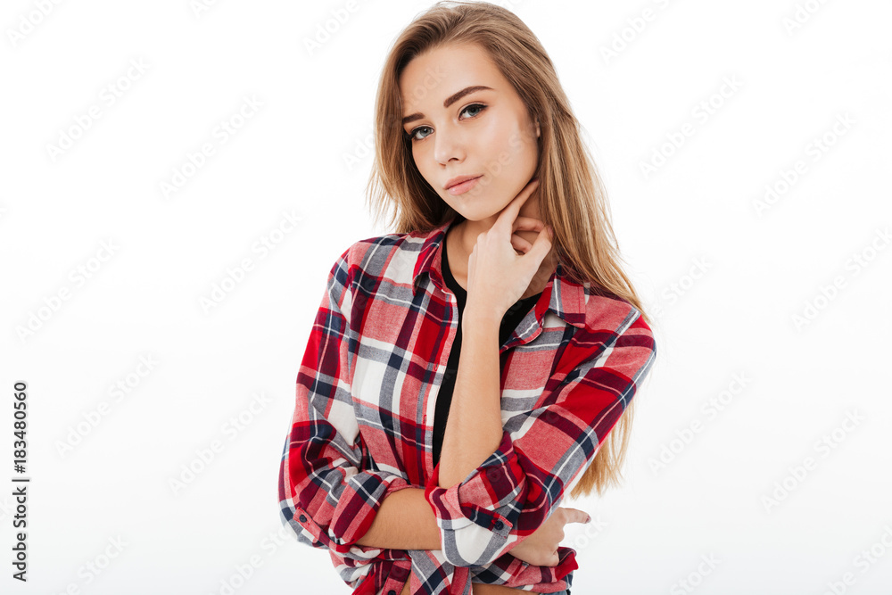 Portrait of a lovely pretty girl in plaid shirt Portrait of a lovely pretty girl in plaid shirt