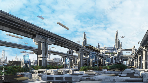 3d rendering Scifi fantasy concept cityscape and transport in the future