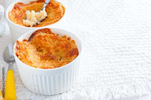 Traditional Old Russian cereal porridge, baked in a portioned form, horizontal, copy space