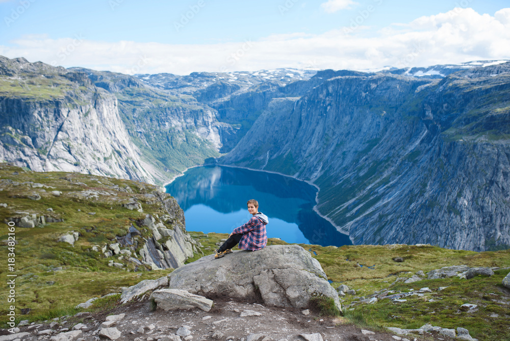 Girl at Mountain Lake in Norway