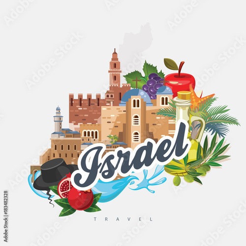 Israel vector banner with jewish landmarks. Travel poster in flat design