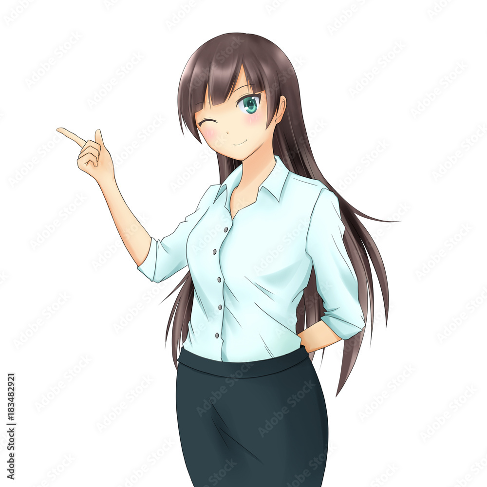シャツ姿の女性 指差し 緑 Stock イラスト Adobe Stock