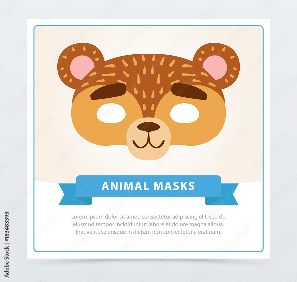Funny mask of bear muzzle. Wild animal character. Flat vector design for children s party invitation, greeting card, carnival poster or flyer Funny mask of bear muzzle. Wild animal character. Flat vector design for children s party invitation, greeting card, carnival poster or flyer