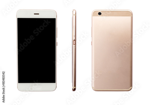 White Smartphone isolated on white background. Mock up smartphone front, side and back.
