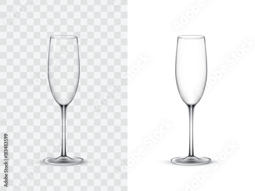 Realistic wine glasses, champagne flute, vector illustration isolated on white and transparent background. Mock up, template of glassware for alcoholic drinks