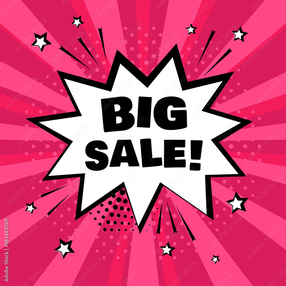 Obraz premium White comic bubble with BIG SALE word on pink background. Comic sound effects in pop art style. Vector illustration.