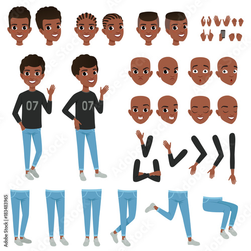 Teenager character constructor. Black boy s separate parts of body, different face expressions and haircuts. Isolated flat vector design