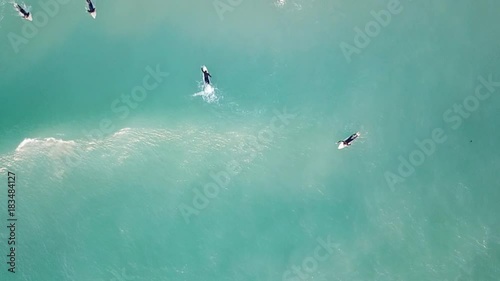 Slow motion aerial drone shot of surfer catching a wave