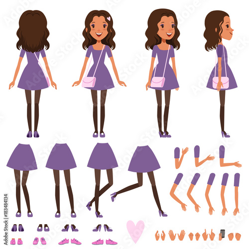 Pretty girl in dress with small handbag for animation. Constructor with various views front, side, back. Flat character creation set