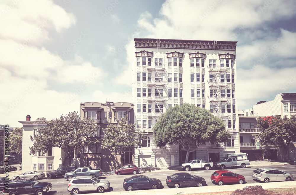 Retro toned picture of San Francisco street, California, USA.
