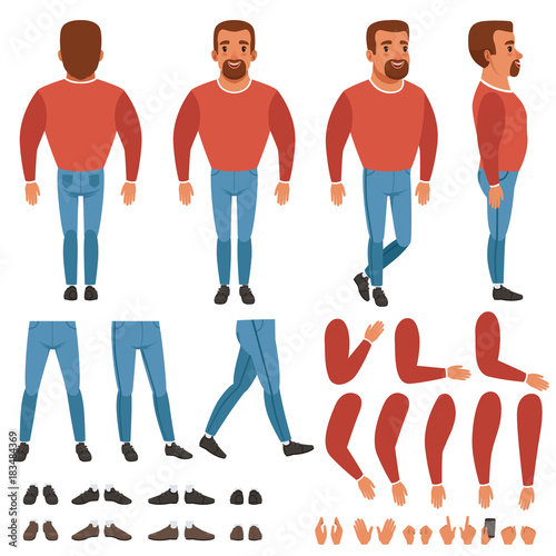 Flat vector of bearded man constructor for animation. Full length back, front and side view. Body parts arms, legs, hand gestures. Collection of shoes and sneakers