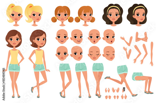 Teenager girl character creation set with various views, poses, face emotions, hands gestures and haircuts. Female character full length portrait. Isolated flat vector