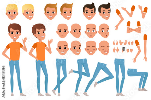 Teenager boy character constructor. Set of various male emotion faces, hairstyles, hands, gestures and legs. Flat design vector illustration