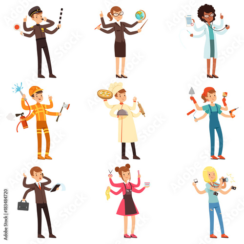 Cartoon flat multitasking characters set. Men and women with many hands. People of different professions. Vector collection