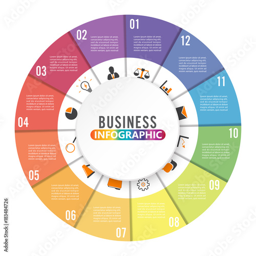 Circle chart infographic template with 12 options for presentations, advertising, layouts, annual reports