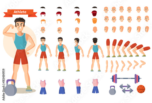 Set for creating character man athlete, vector cartoon illustrations. Faces, front, side and back view, emotions,arms and legs in different positions, clothes and dumbbells for weight training