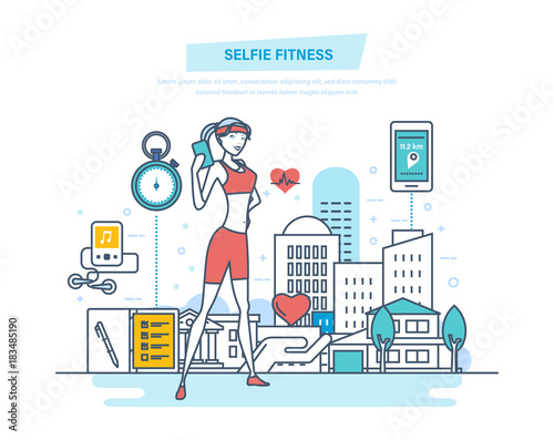Selfie fitness concept, lifestyle. Fitness classes, healthy lifestyle, yoga.