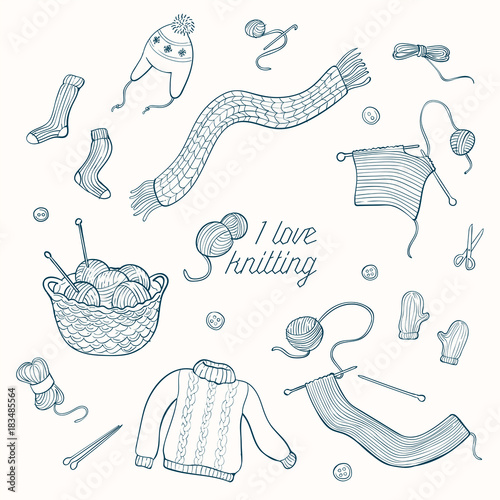 I love knitting collection of hand drawn vector illustrations. Black line on white background. Doodles of yarn, wool, knitted garments, needles 