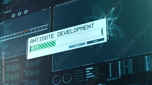 Antidote creation process on lab screen, damaged DNA cells repair, killing virus. Medical software interface with DNA scan results, antidote creation, lab equipment, biochemistry