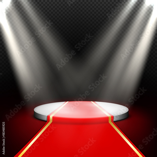 Stage, empty round podium with red carpet illuminated by white beams spotlights, projectors, vector realistic illustration. Transparent light effect design element for theater, studio, awards ceremony