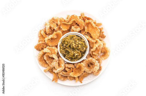 Fried pork rince or Pork snack with Northern Thai Green Chilli Dip photo