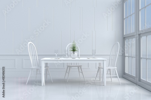 White eating room decorated with tree in vase glass,white chair and desk,window,flower,fork,spoon,wine
 glass, White wall it is pattern, The sun shines through the window into the shadow. 3d render.