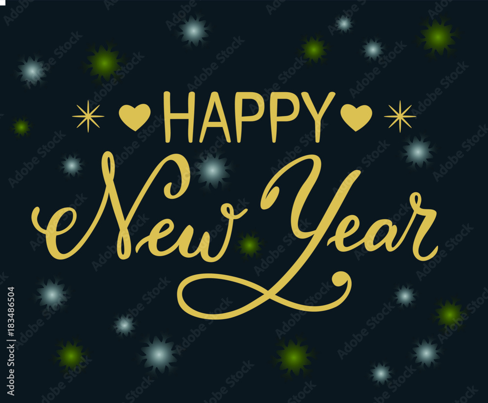 Hand drawn brush calligraphy lettering of Happy New Year with golden letters with snowflakes and hearts as decorative elements on dark background with white and yellow snowflakes for banner, poster