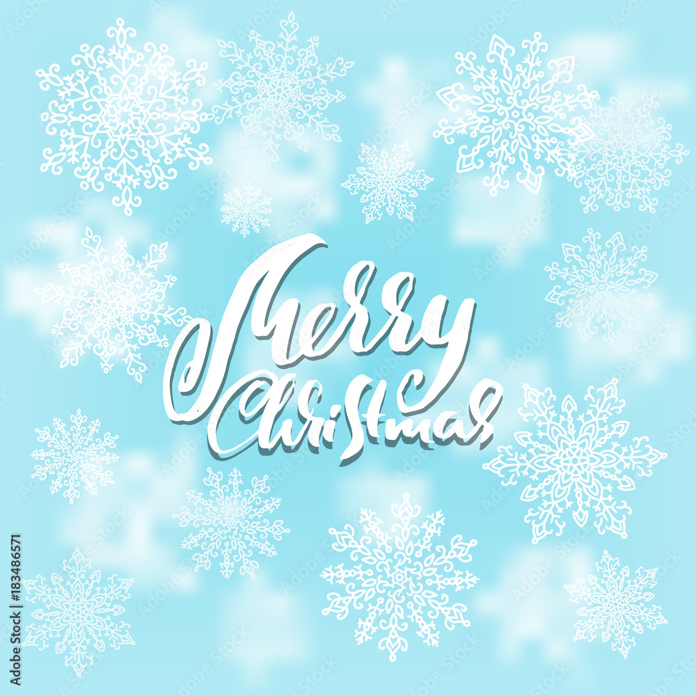 Merry Christmas handwritten lettering design on blur blue background. Vector illustration. White snowflakes winter pattern. EPS 10 Merry Christmas handwritten lettering design on blur blue background. Vector illustration. White snowflakes winter pattern. EPS 10