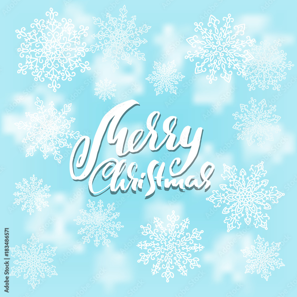 Merry Christmas handwritten lettering design on blur blue background. Vector illustration. White snowflakes winter pattern. EPS 10