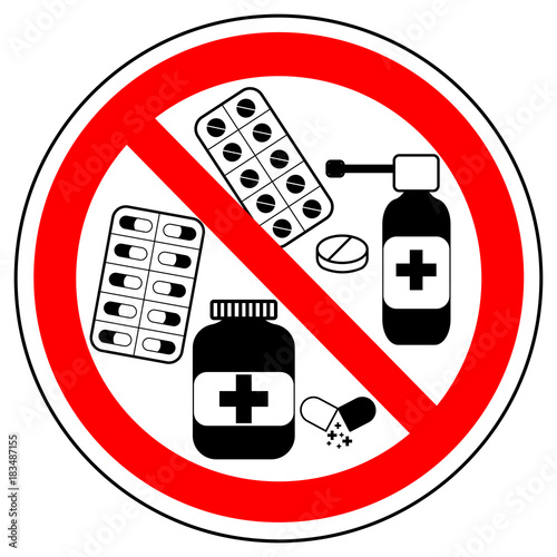 No medicine, pills. Prohibition sign, vector