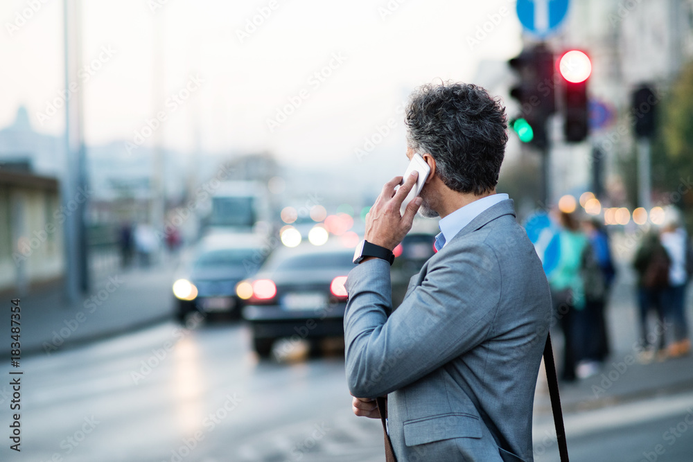Mature businessman with smartphone in a city. Mature businessman with smartphone in a city.