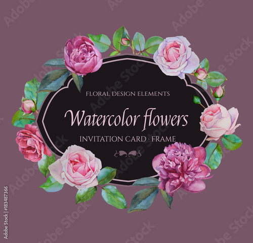 Vector floral frame with watercolor roses and peonies. Invitation card with wreath of hand-drawn watercolor flowers