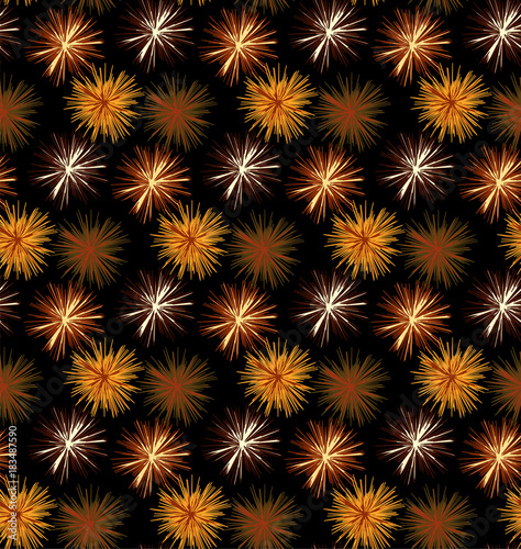 Seamless pattern with stars that seem to explode like fireworks in browns on a black background.