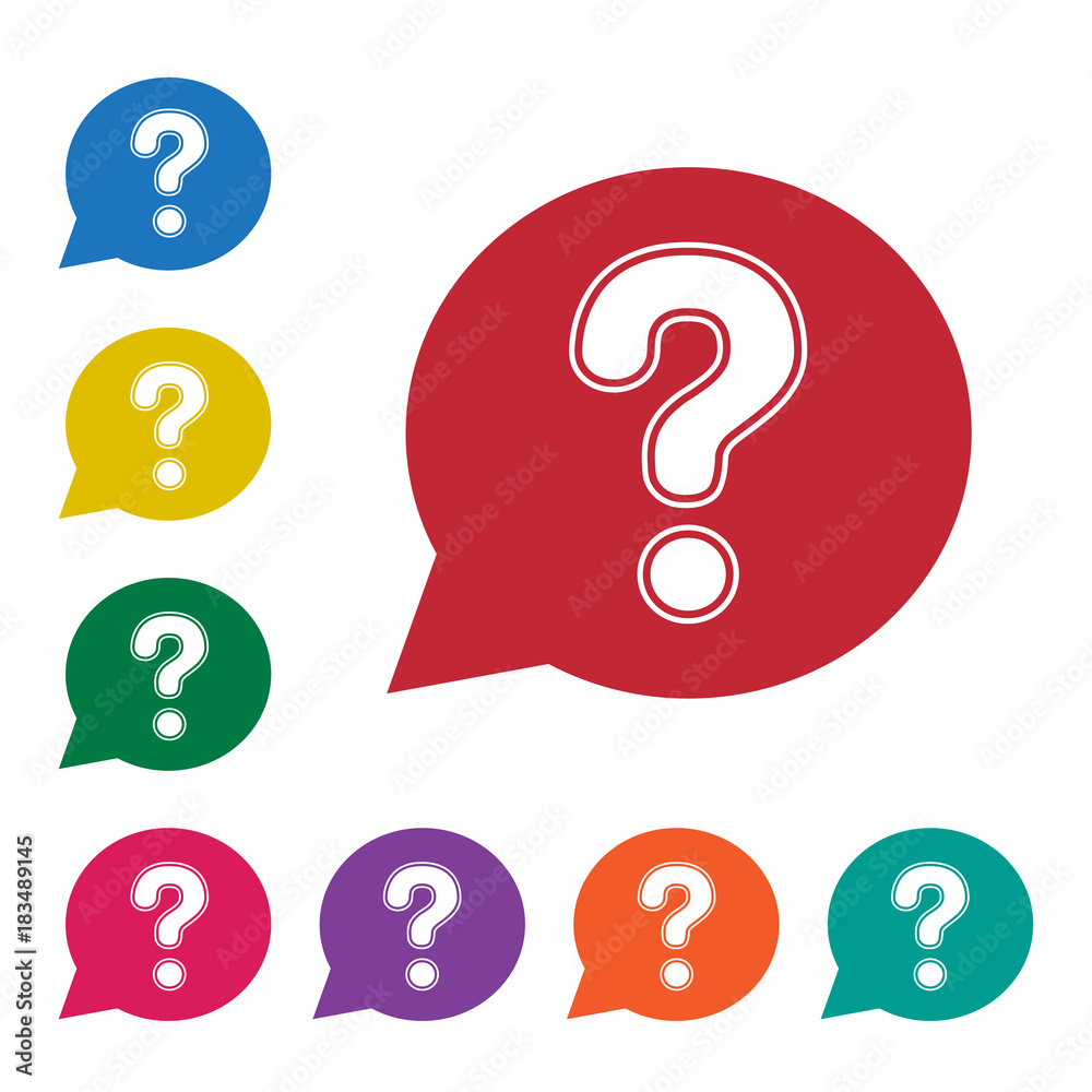 White question mark sign in red speech balloon. Help icon. Colorful set additional versions icons. Vector illustration White question mark sign in red speech balloon. Help icon. Colorful set additional versions icons. Vector illustration