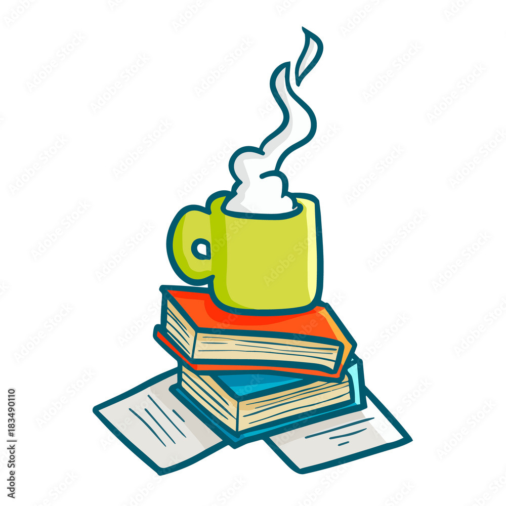 Cute and funny a cup of coffee on top of the books and paper - vector. Cute and funny a cup of coffee on top of the books and paper - vector.
