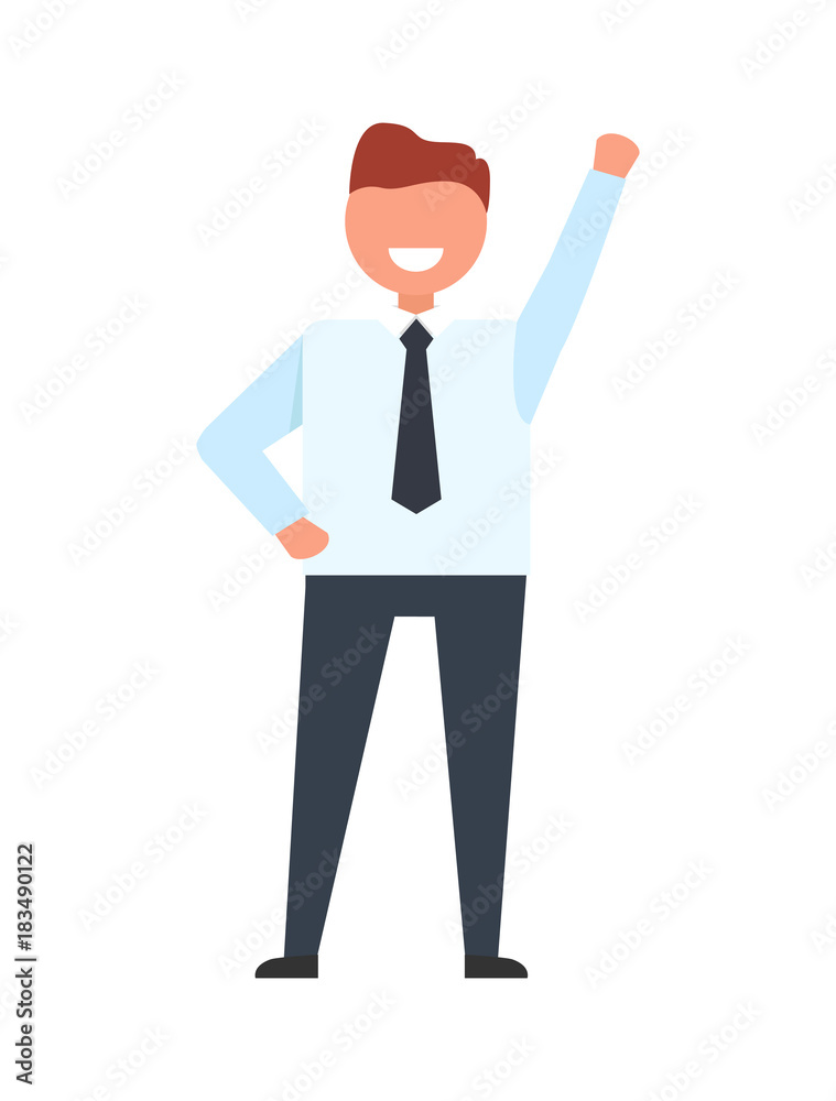 Smiling Businessman Raise his Hand Up Worker Ready