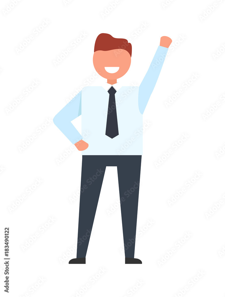 Smiling Businessman Raise his Hand Up Worker Ready Smiling Businessman Raise his Hand Up Worker Ready