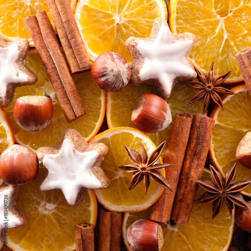 christmas composition with orange and spices